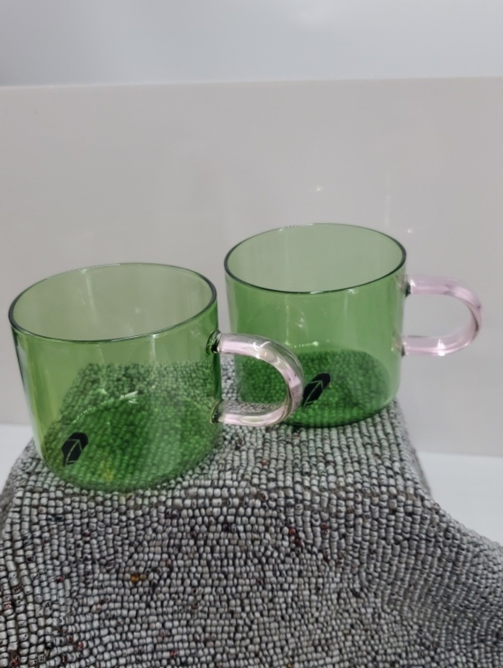 Set of 2 Glass Tea Cups, Green Borosilicate Glass Teacups with pink handle (C39)